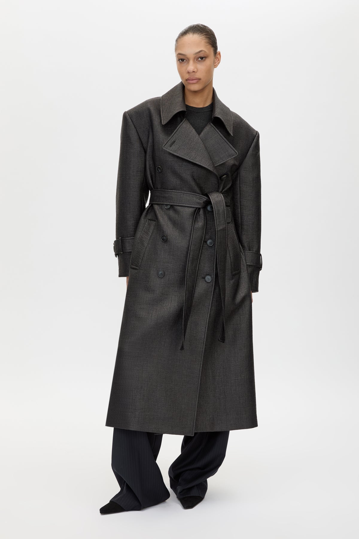 Front view CAMILLA AND MARC Alpine Textured Coat in Black with double breasted front and Italian twill.