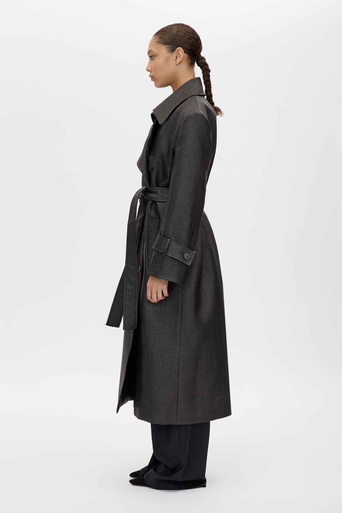 Side view CAMILLA AND MARC Alpine Textured Coat in Black with double breasted front and Italian twill.