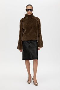 Front view CAMILLA AND MARC high-neck Nala Furry Pullover Top in truffle with double-faced faux‑fur
