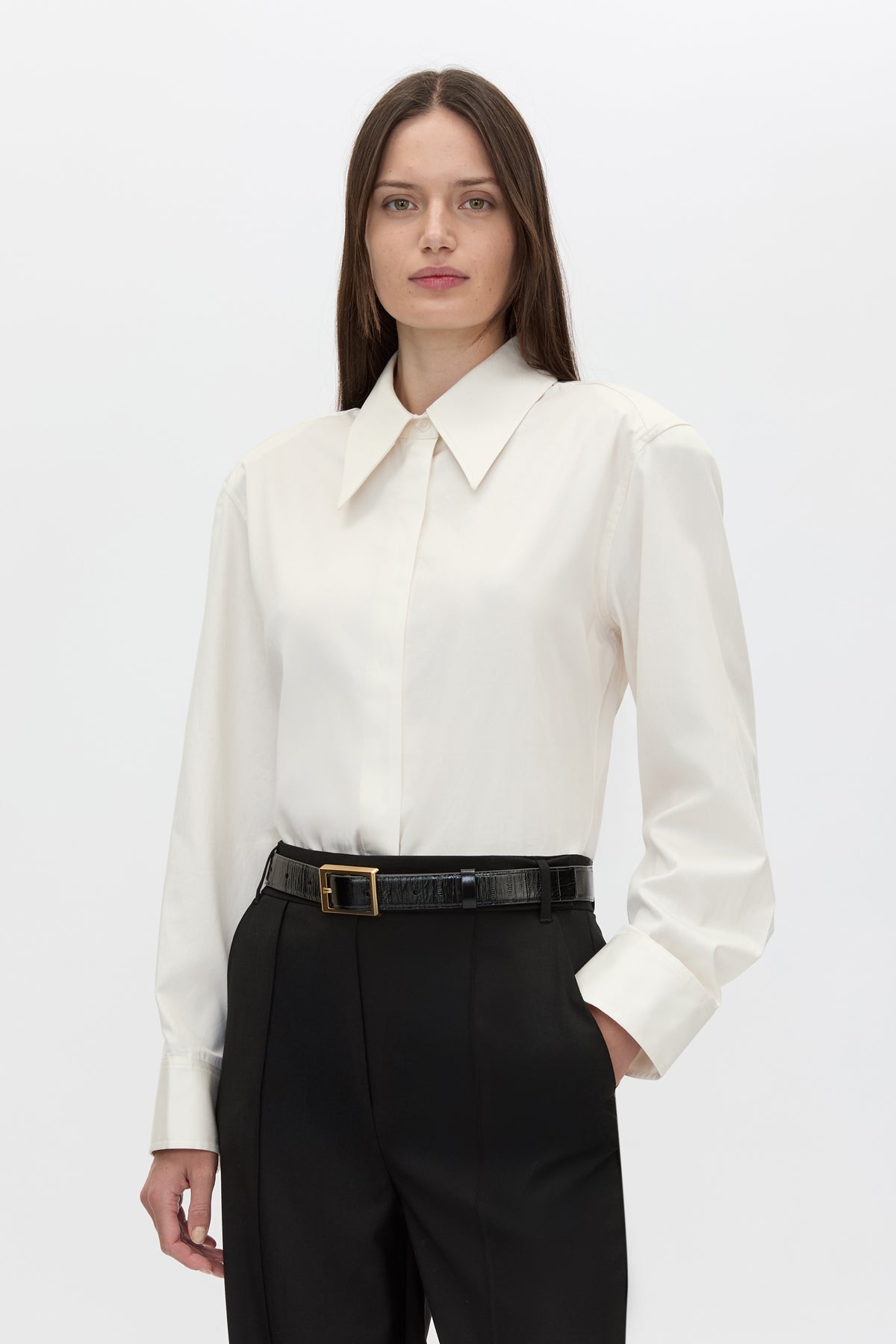 Cropped view CAMILLA AND MARC adjustable Tarn Fitted Long Sleeve Shirt in cream with removable shoulder pads.