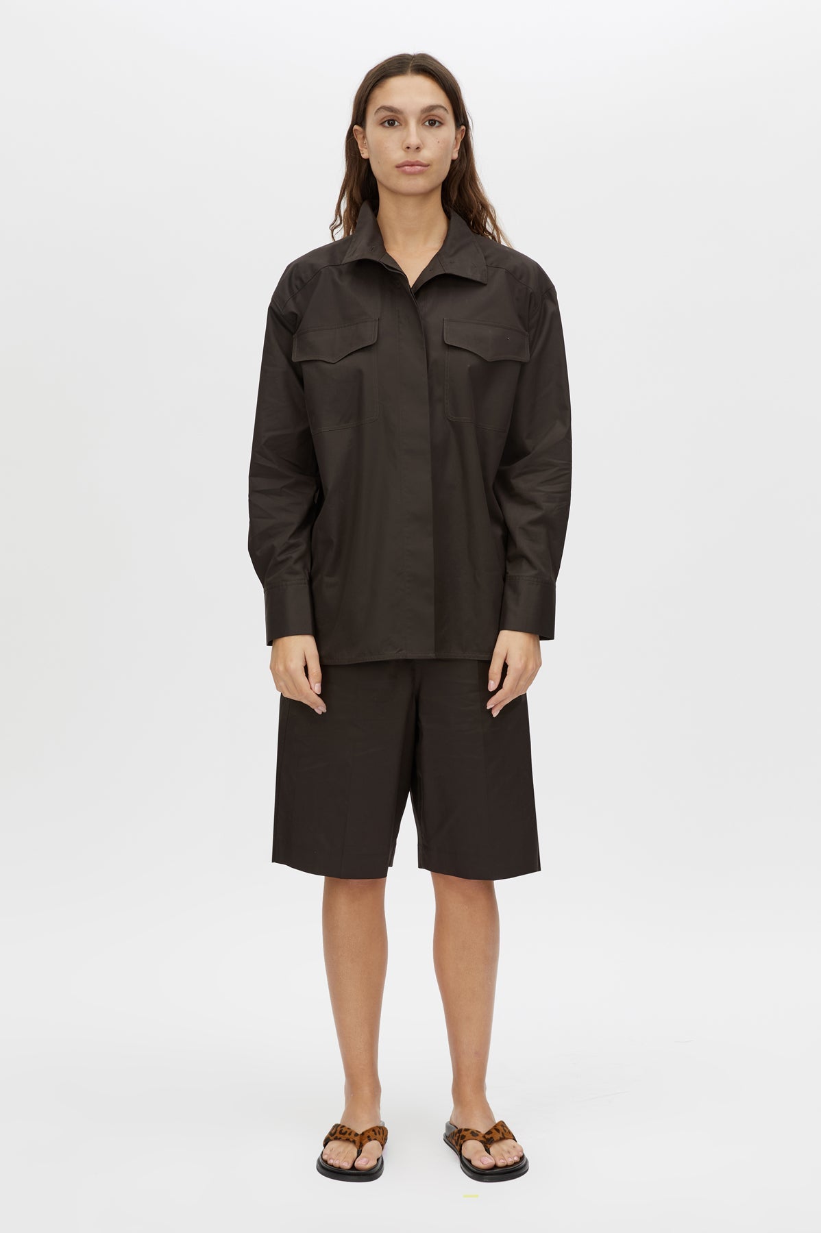 Front styled view CAMILLA AND MARC Java Shirt in Espresso Brown with funnel neck, button‑up front and long sleeves.  