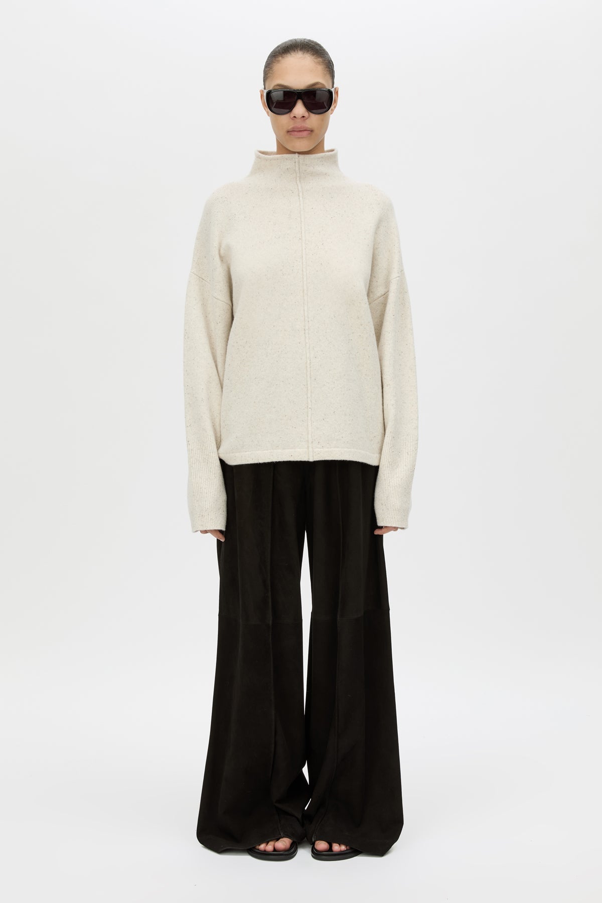 Front View CAMILLA AND MARC Atkinson Knit Sweater in ashen white with fitted turtleneck and oversized fit.