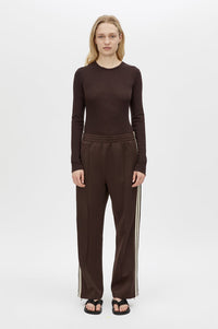 Front view CAMILLA AND MARC Barre Long Sleeve Top in Chocolate with slim silhouette.