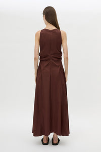 Back view CAMILLA AND MARC Brera midi dress in chocolate with topstitch details and side pockets.