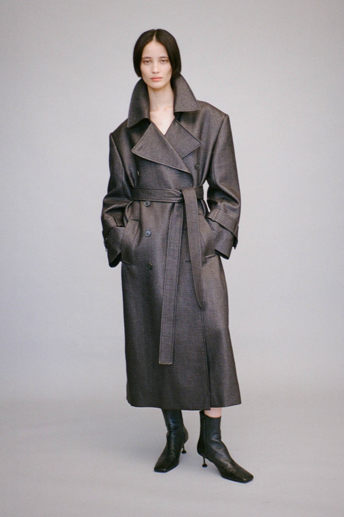 Front view CAMILLA AND MARC Alpine Textured Coat in Black styled with the Hudson Mid Boot.