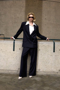 Front styled view CAMILLA AND MARC Orban Oversized Blazer in Navy pinstripe pictured on Susie Baton.
