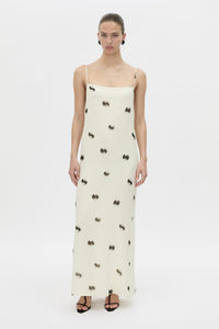 Front view CAMILLA AND MARC Adel Maxi Slip Dress with straight neckline and adjustable straps.