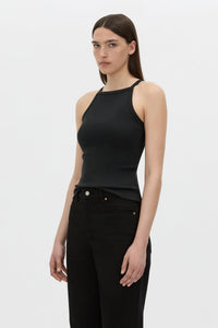 Cropped view CAMILLA AND MARC Alba high neck rib cotton blend fitted tank in black with spaghetti straps and rib binding at edges.