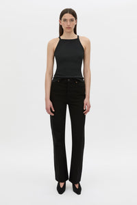 Front view CAMILLA AND MARC Alba high neck rib cotton blend fitted tank in black with spaghetti straps and rib binding at edges.