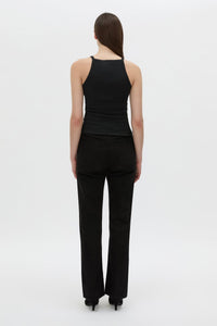 Back view CAMILLA AND MARC Alba high neck rib cotton blend fitted tank in black with spaghetti straps and rib binding at edges.