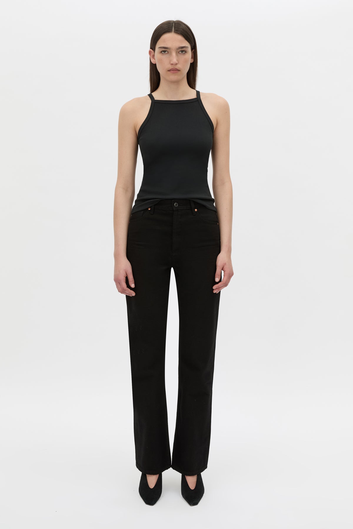 Front view CAMILLA AND MARC Alba high neck rib cotton blend fitted tank in black with spaghetti straps and rib binding at edges.