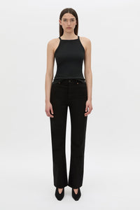 Front view CAMILLA AND MARC Alba high neck rib cotton blend fitted tank in black with spaghetti straps and rib binding at edges.