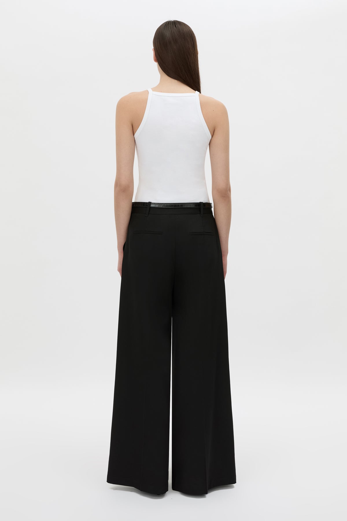 Back view CAMILLA AND MARC Alba high neck rib cotton blend fitted tank in white with spaghetti straps and rib binding at edges.