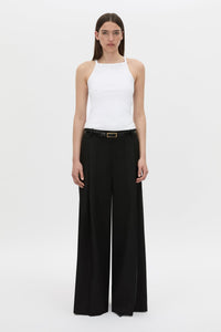 Front-styled view CAMILLA AND MARC Alba high neck rib cotton blend fitted tank in white with spaghetti straps and rib binding at edges.