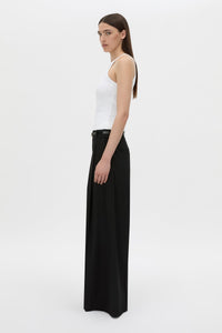 Side view CAMILLA AND MARC Alba high neck rib cotton blend fitted tank in white with spaghetti straps and rib binding at edges.
