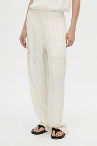 Cropped view CAMILLA AND MARC Allegro Satin Pant in Cream with mid‑rise cargo fit.