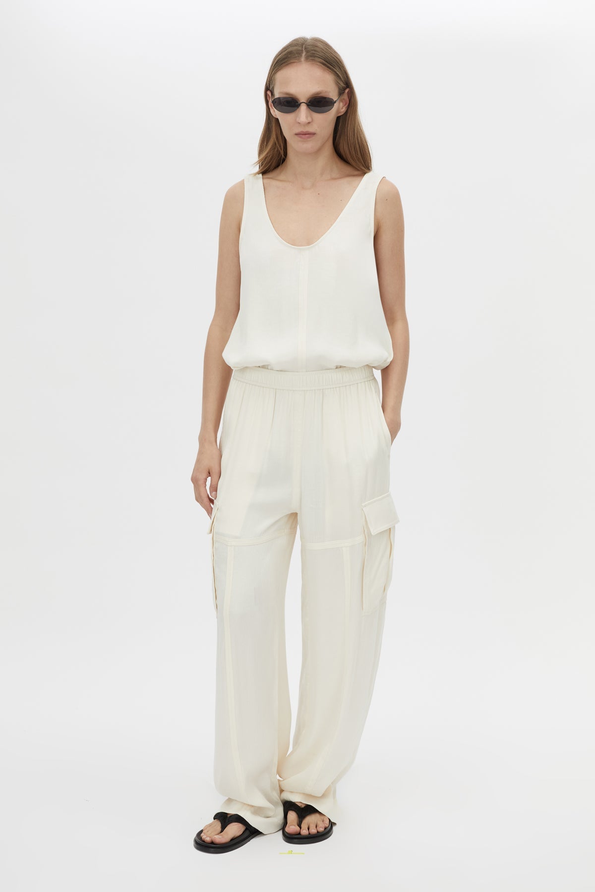 Front view CAMILLA AND MARC Allegro Satin Pant in Cream with mid‑rise cargo fit.