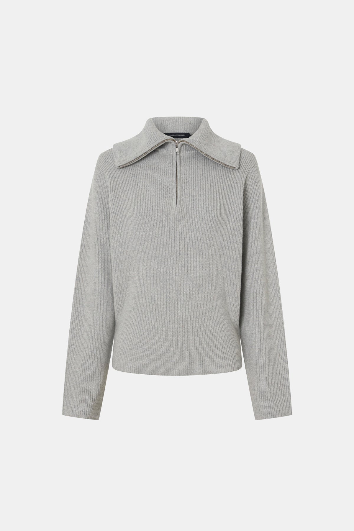 Ghost view CAMILLA AND MARC Anouk Knit Pullover in Grey Marle with quarter‑zip metal opening and cotton–merino blend.