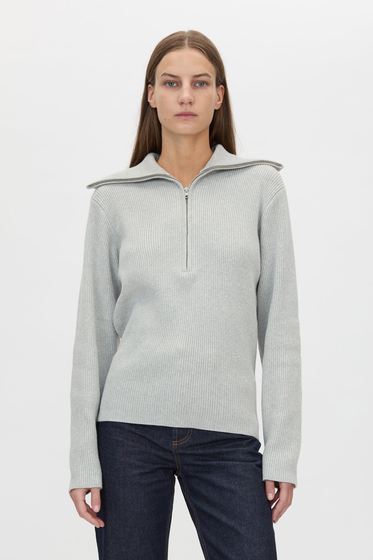 Cropped view CAMILLA AND MARC Anouk Knit Pullover in Grey Marle with quarter‑zip metal opening and cotton–merino blend.