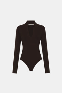 Ghost view CAMILLA AND MARC Ashlar Knit Bodysuit in Espresso Brown with long sleeves and deep V‑neck.