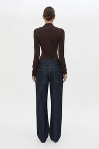 Back view CAMILLA AND MARC Ashlar Knit Bodysuit in Espresso Brown with long sleeves and deep V‑neck.