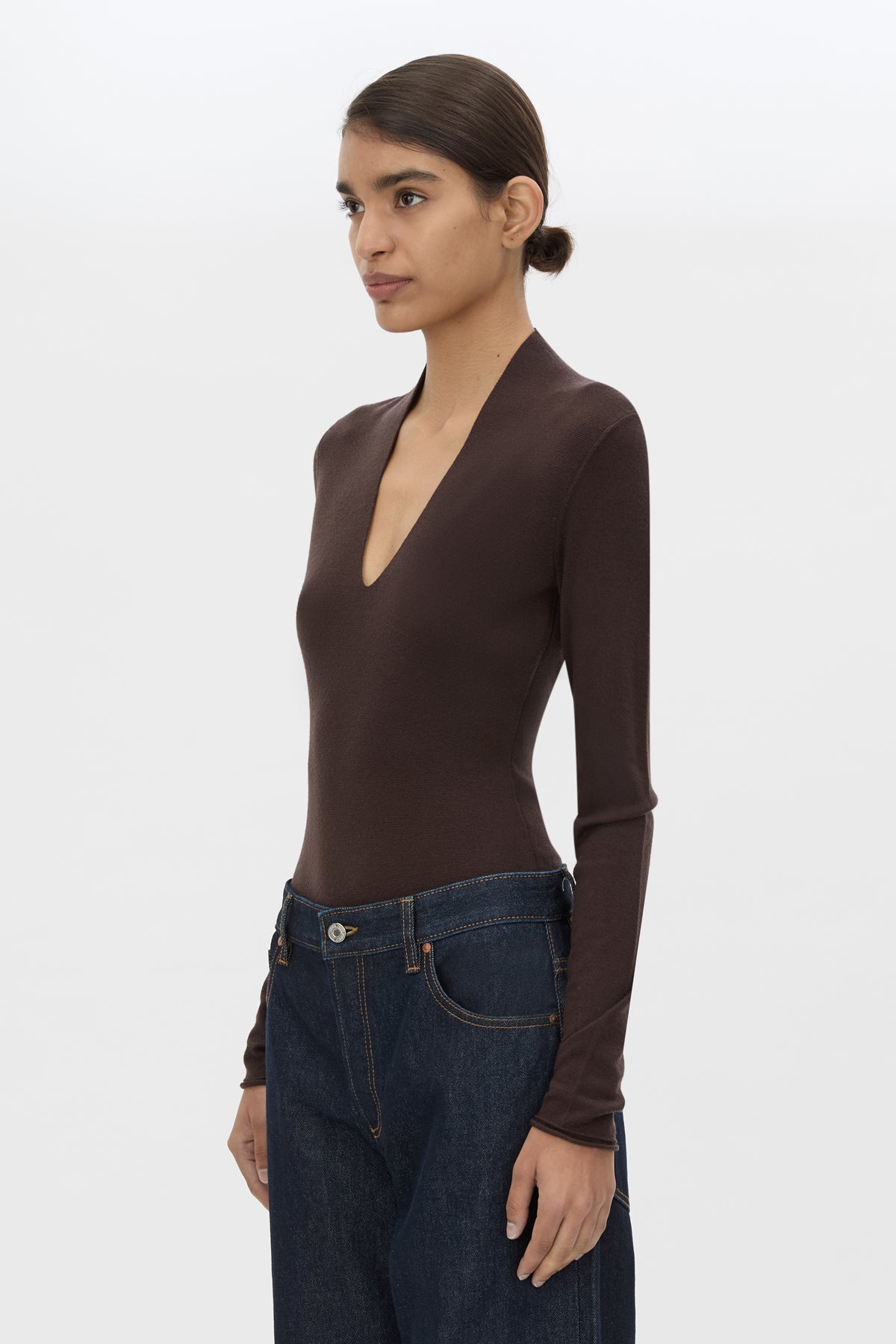 Cropped view CAMILLA AND MARC Ashlar Knit Bodysuit in Espresso Brown with long sleeves and deep V‑neck.
