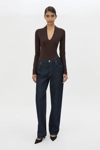 Front view CAMILLA AND MARC Ashlar Knit Bodysuit in Espresso Brown with long sleeves and deep V‑neck.
