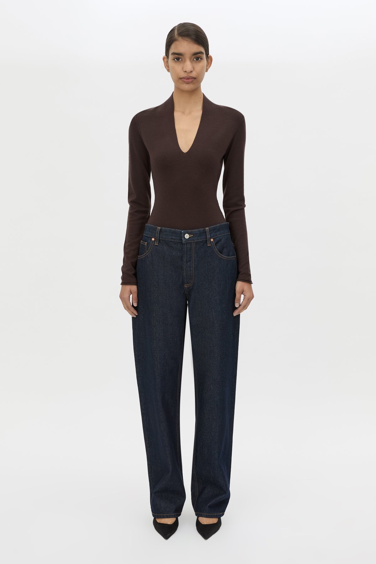 Front view CAMILLA AND MARC Ashlar Knit Bodysuit in Espresso Brown styled with the Manuela Denim  Jean.
