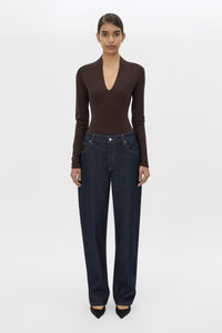 Front view CAMILLA AND MARC Ashlar Knit Bodysuit in Espresso Brown styled with the Manuela Denim  Jean.