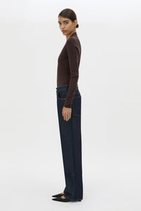 Side view CAMILLA AND MARC Ashlar Knit Bodysuit in Espresso Brown with long sleeves and deep V‑neck.