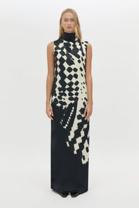 Front view CAMILLA AND MARC Asper Maxi Dress in Navy Print with a sleeveless column silhouette.