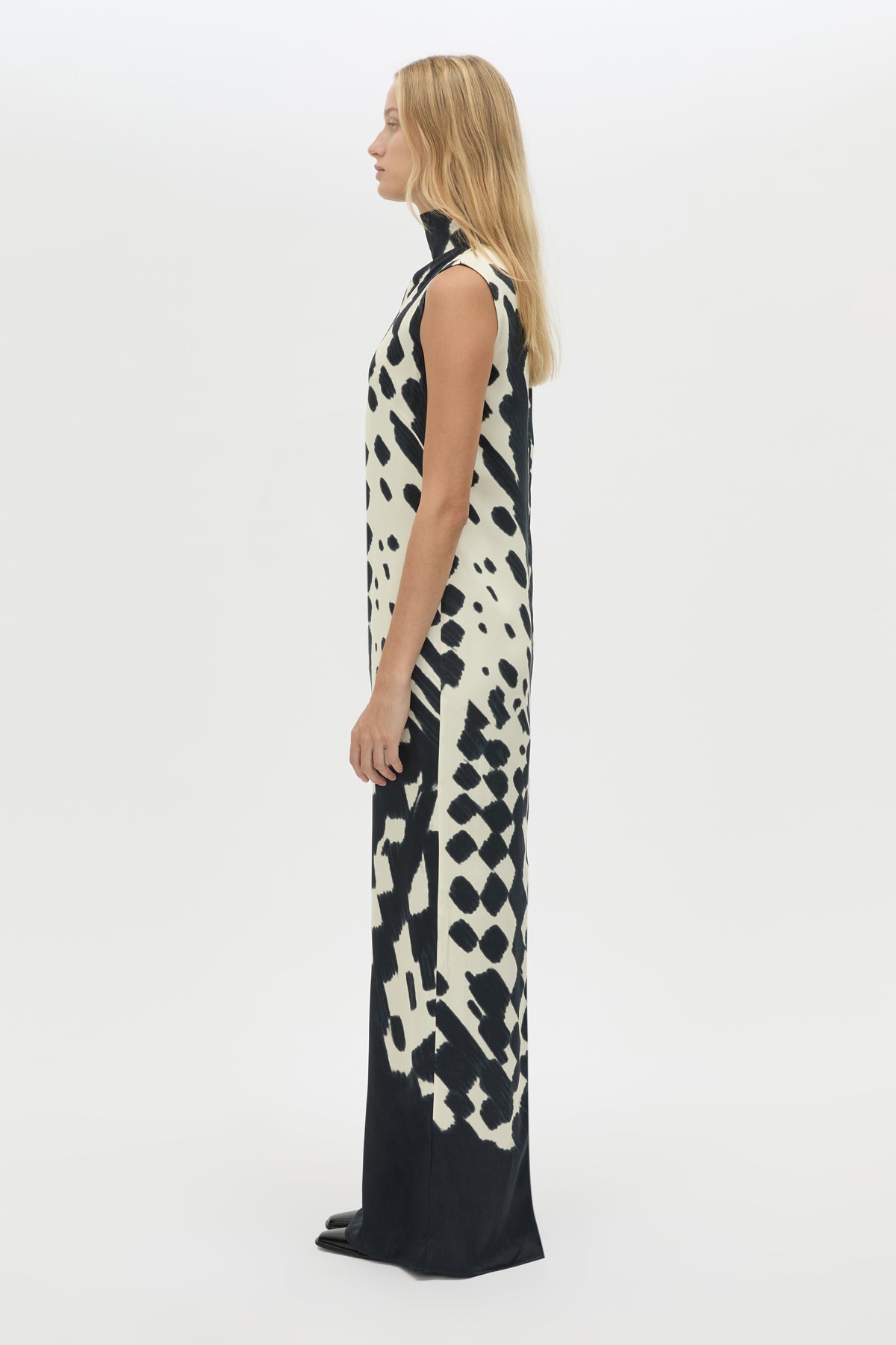 Side view CAMILLA AND MARC Asper Maxi Dress in Navy Print with a sleeveless column silhouette.