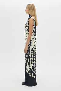 Side view CAMILLA AND MARC Asper Maxi Dress in Navy Print with a sleeveless column silhouette.