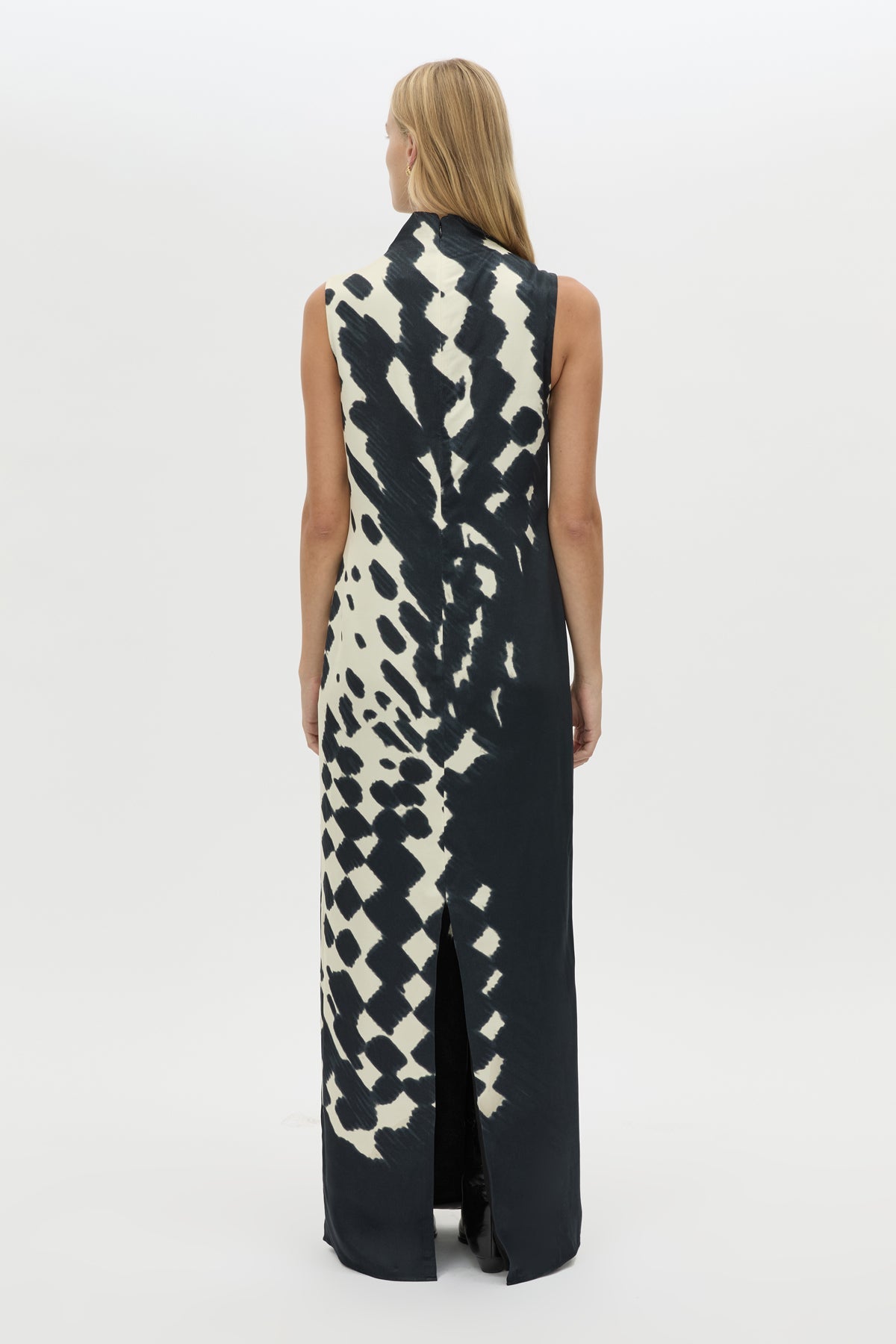 Back view CAMILLA AND MARC Asper Maxi Dress in Navy Print with a sleeveless column silhouette.