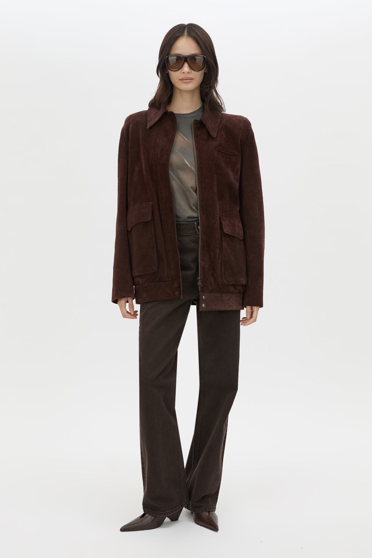 Front view CAMILLA AND MARC Asper Print Tee in Brown styled with the Zaha Leather Bomber.
