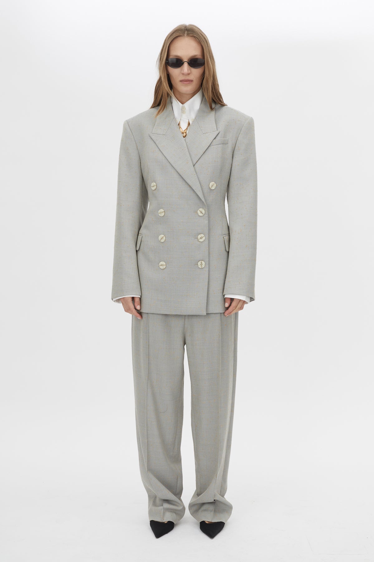 Front styled view CAMILLA AND MARC Aspira Blazer in Dusty Blue with a draped double‑breasted wool silhouette.