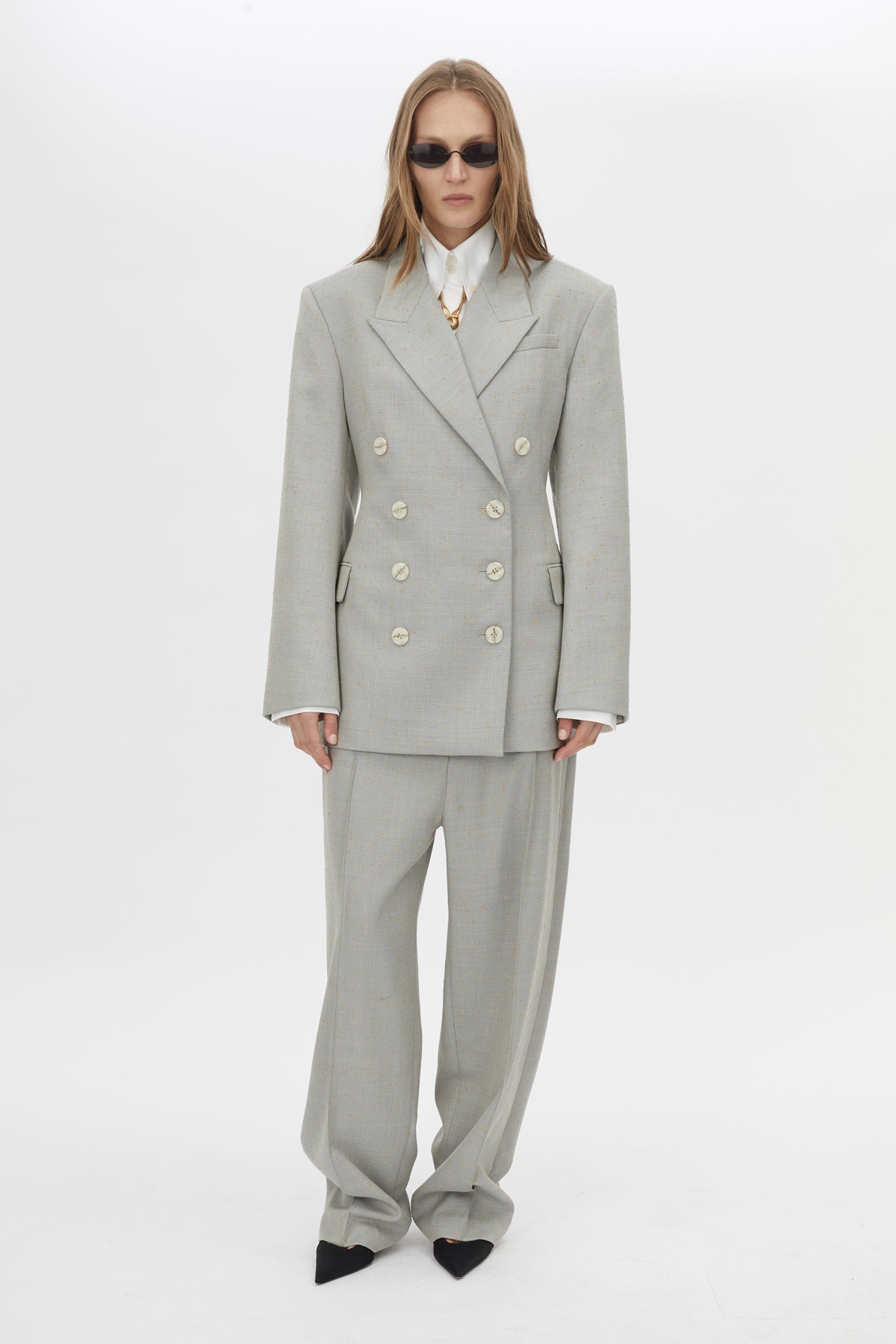 Front view CAMILLA AND MARC Aspira Blazer in Dusty Blue with a draped double‑breasted wool silhouette.