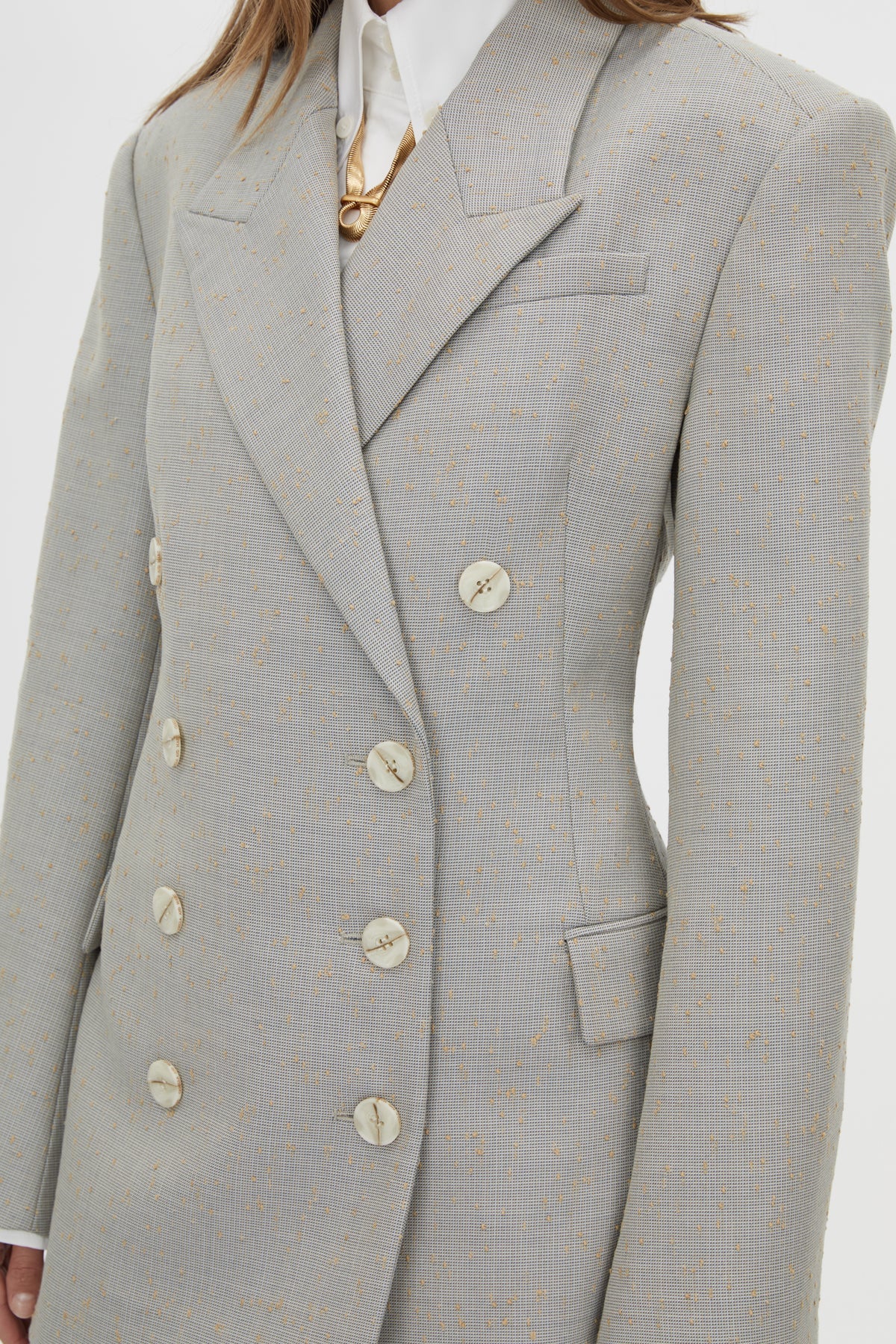 Cropped view CAMILLA AND MARC Aspira Blazer in Dusty Blue with a draped double‑breasted wool silhouette.