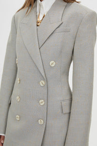 Cropped view CAMILLA AND MARC Aspira Blazer in Dusty Blue with a draped double‑breasted wool silhouette.