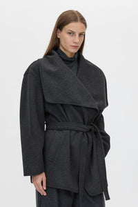 Cropped view CAMILLA AND MARC Audrey Wrap Jacket in Charcoal Grey with relaxed belted silhouette.