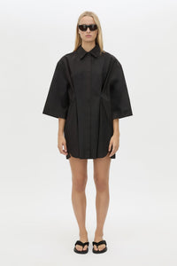Front view CAMILLA AND MARC Avant collared black shirt dress styled with the Zita Pony Sandal.