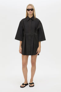 Front View - CAMILLA AND MARC Avant collared black shirt dress with front symmetric pleat details. 