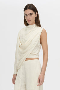 crop view CAMILLA AND MARC Avis Drape Top in cream with asymmetric drape and cowl neckline.
