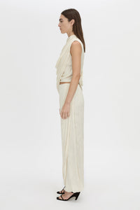 Side view CAMILLA AND MARC Avis Drape Top in cream with asymmetric drape and cowl neckline.