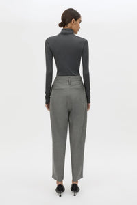 Back view CAMILLA AND MARC Barre High Neck Top in Charcoal Grey with long sleeves and V‑neck split turtleneck.