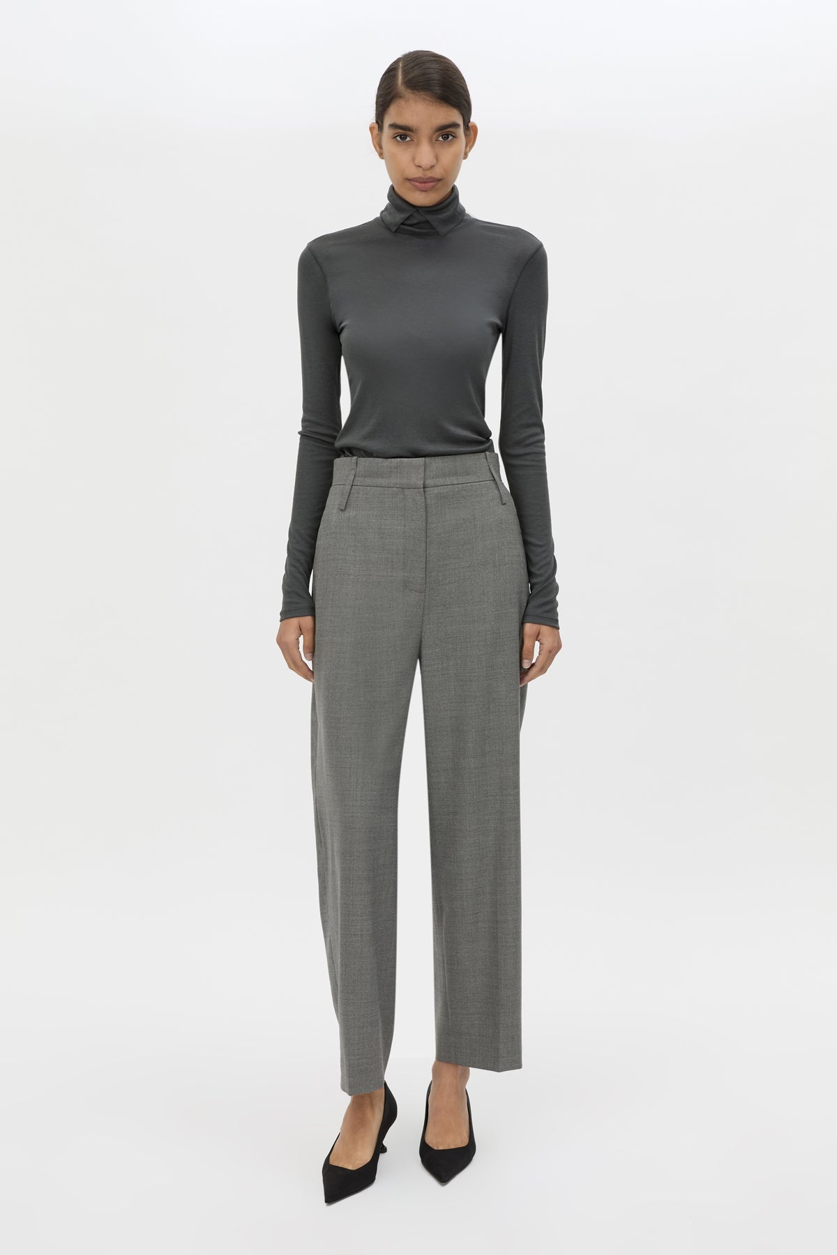 Front view CAMILLA AND MARC Barre High Neck Top in Charcoal Grey with long sleeves and V‑neck split turtleneck.