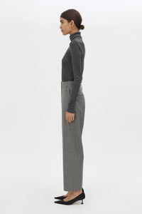 Side view CAMILLA AND MARC Barre High Neck Top in Charcoal Grey with long sleeves and V‑neck split turtleneck.