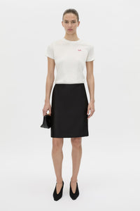 Front view CAMILLA AND MARC Birdie Fitted Print Tee in soft white with red embroidered motif detail.