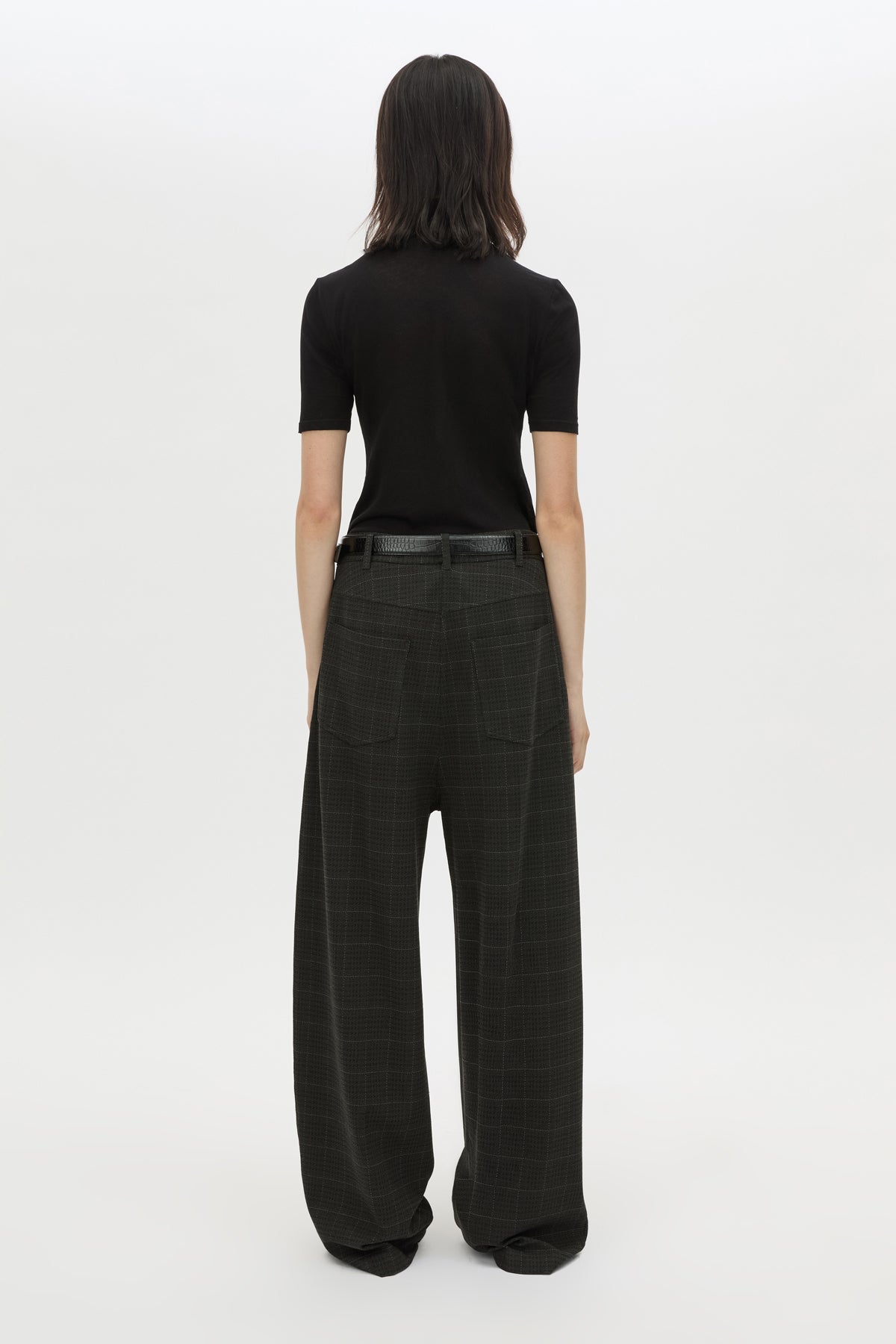 Back View - CAMILLA AND MARC Casio drop crotch check pant in charcoal grey. Side and back pockets. 