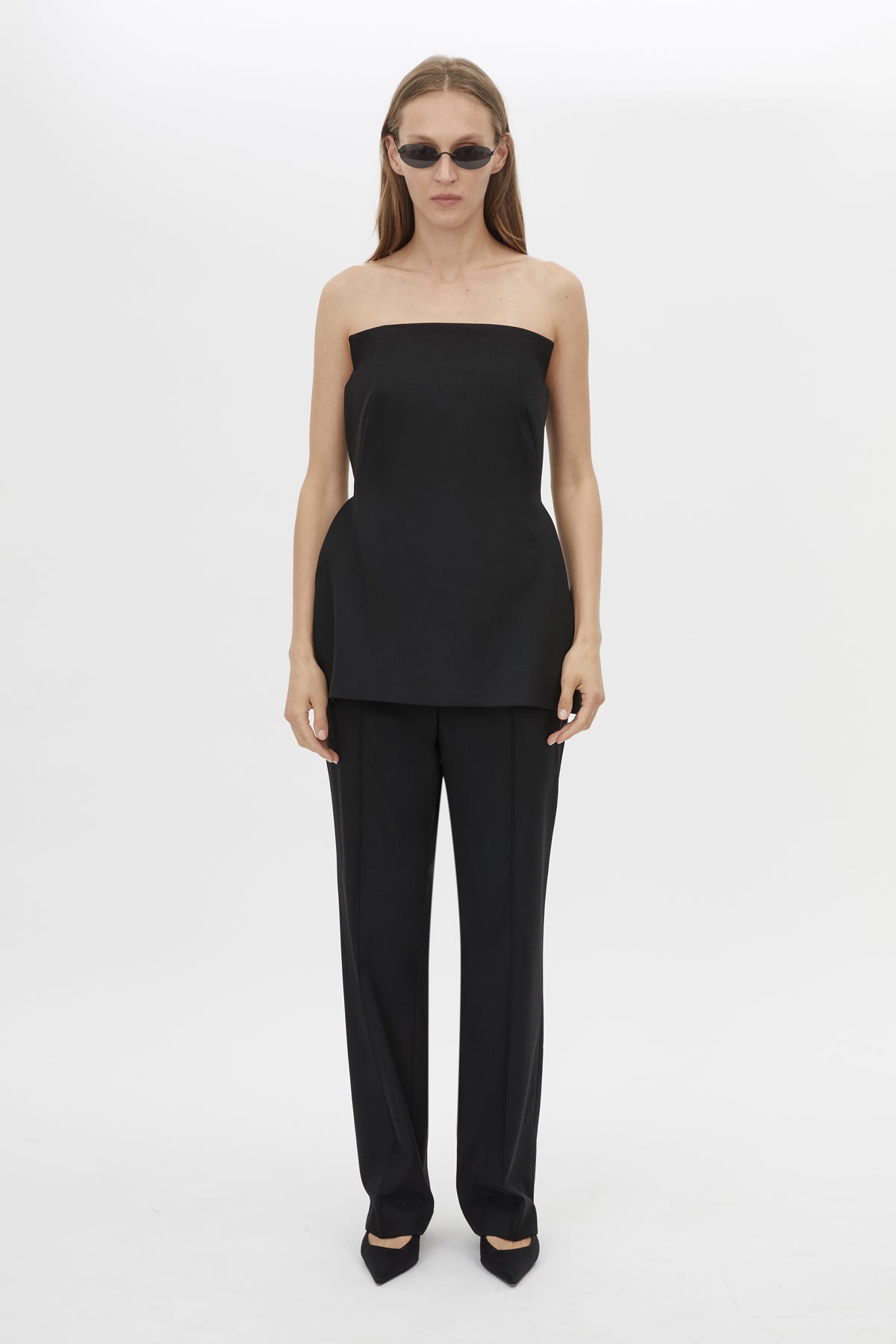 Front styled view CAMILLA AND MARC Cassie Crop Pant in Black with a slim tailored fit and cropped length.